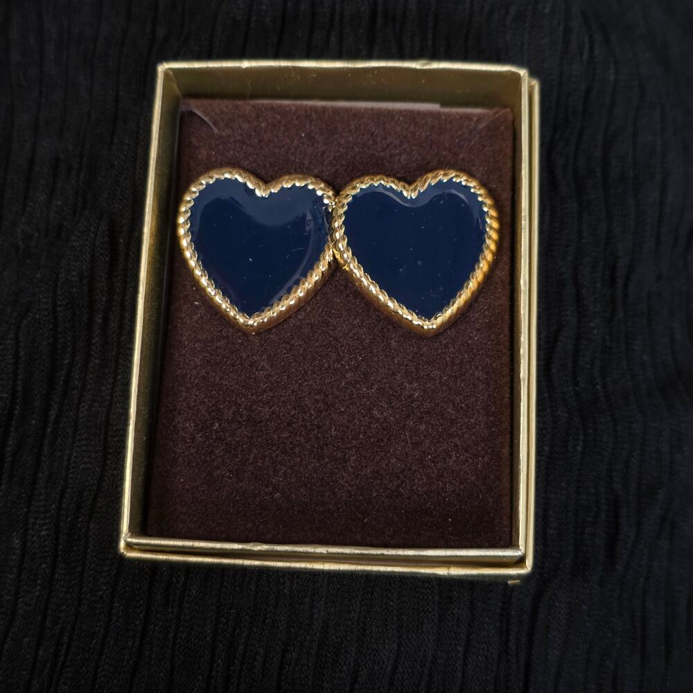 Vintage Eden Bliss Navy Heart Studd Earrings Gold Tone Jewelry